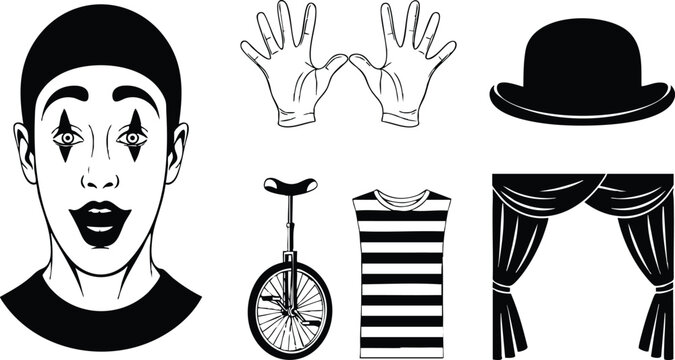 Line art close up mime face with surprised expression wearing striped shirt bowler hat and gloves next to unicycle and stage curtains theatrical black and white