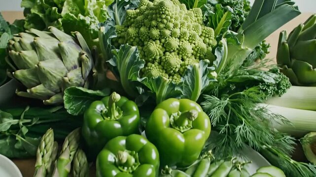 Fresh Green Vegetables Still Life Composition Displaying A Variety Of Healthy And Nutritious