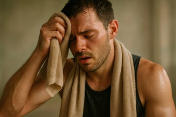 Man wiping sweat from forehead with a towel after an intense workout session, showing fatigue and physical effort
