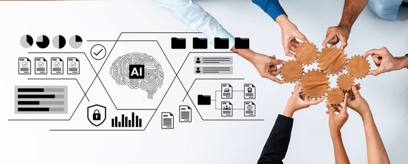 Hands of diverse professionals work together in a modern workspace, showcasing collaboration on AI technology and data analysis to drive business innovation. Gantry