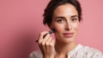 Beautiful faceless woman applying makeup with brush on pink background cosmetic routine stock photo beauty application facial enhancement makeup artistry defocused background