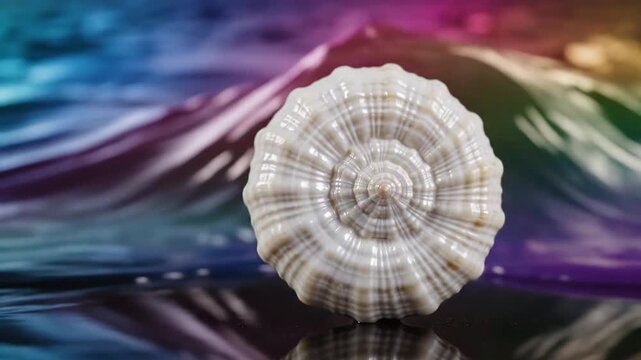 Close up of a spiral seashell on a colorful abstract background.