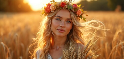 A beautiful young woman in a flower crown holds wheat. She is a Virgo zodiac sign. Artistic photo in warm sunlight depicts harvest maiden in field.