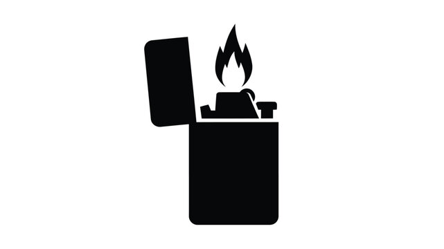 Simple black and white illustration of an open lighter with a visible flame