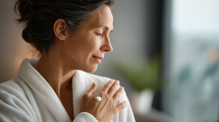 Faceless woman in bathrobe applying moisturizer cream on shoulder skincare routine stock photo body care lotion application beauty regimen defocused background with copy