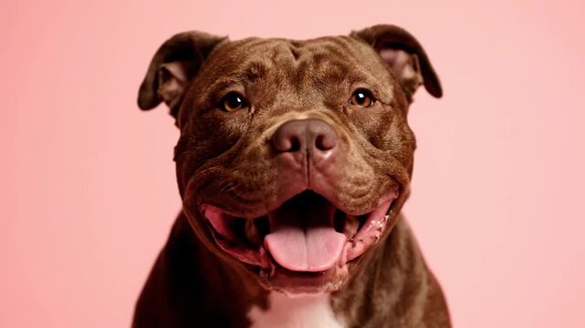 Playful brown pitbull dog smiling with tongue out on pink background