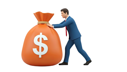 Businessman Pushing a Large Money Bag with Dollar Sign
