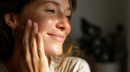Closeup portrait faceless woman gently applying moisturizer to cheek warm natural light stock photo glowing skin showcase skincare routine self care moment healthy complexion