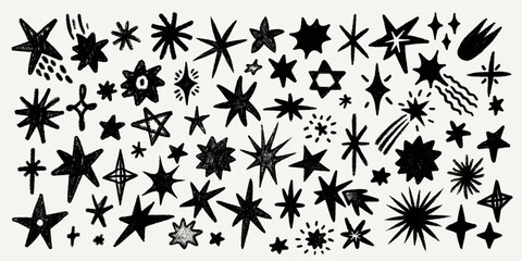 Huge Crayon star collection with black sketch texture, hand drawn doodle stars, comets and spark shapes in chalk. Crayon star illustration with sketch texture. Great for posters, stickers, prints.