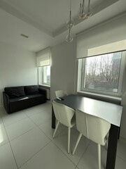 Modern bright dining area with sofa and large windows