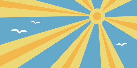 Abstract vintage sun and sea background with yellow rays on blue sky and flying birds. Retro groovy vector perfect for beach posters, summer prints, packaging, and travel branding
