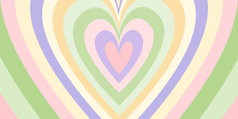 Heart pattern with pastel green, pink, yellow, and purple groovy stripes forming concentric heart shapes. Cute retro vector background perfect for posters, fabric, wrapping paper, and romantic design.