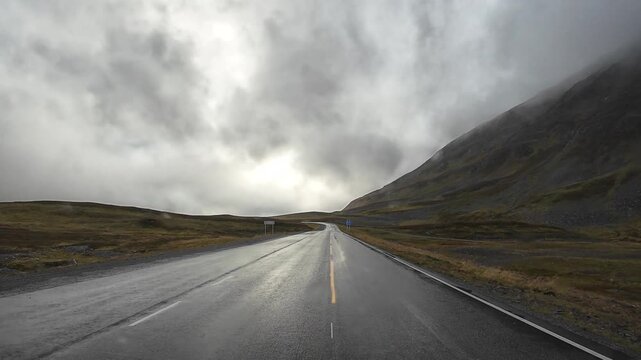 Driving a motorhome on a wet road in Alta, Norway