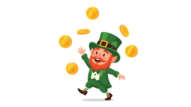 Charming cartoon illustration of a happy leprechaun in a green suit and hat, joyfully juggling golden coins.