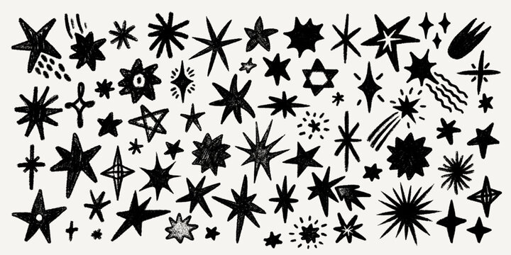 Huge Crayon star collection with black sketch texture, hand drawn doodle stars, comets and spark shapes in chalk. Crayon star illustration with sketch texture. Great for posters, stickers, prints.