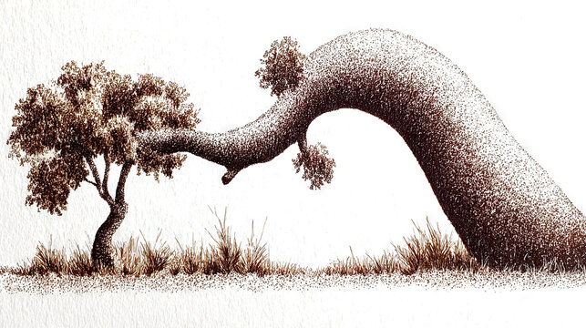 Artistic digital illustration of a tree bending over grass
