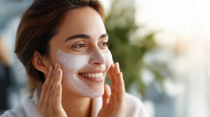 Faceless woman applying facial mask with warm smile soft background beauty treatment stock photo skincare routine cosmetic therapy facial care relaxation moment defocused bac