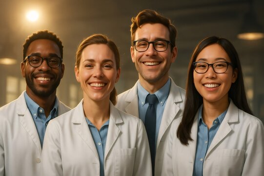 Diverse group of smiling scientists and researchers wearing lab coats and eyeglasses, representing teamwork and expertise in science - Powered by Adobe
