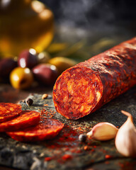 Photo of Spanish chorizo on a stone surface