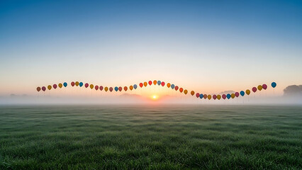 Colorful balloons forming DNA helix structure above misty foggy field at beautiful sunrise