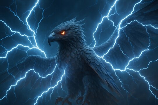 Mythical thunderbird with glowing eyes spreading wings amidst powerful blue lightning during a dark, electrifying storm