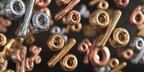 Luxury 3D percentage sign in metallic finish, surrounded by sparkling particles—ideal for promotion, pricing, and retail marketing visuals.