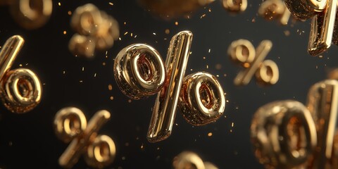 Floating glossy percent symbols with gold confetti and bokeh, perfect for premium discounts, sales banners, and ecommerce ads