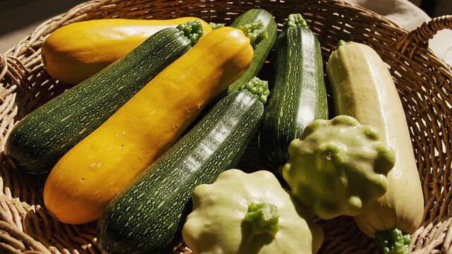 Fresh Harvest Of Organic Zucchini And Pattypan Squash Displayed In Wicker Basket Close Up