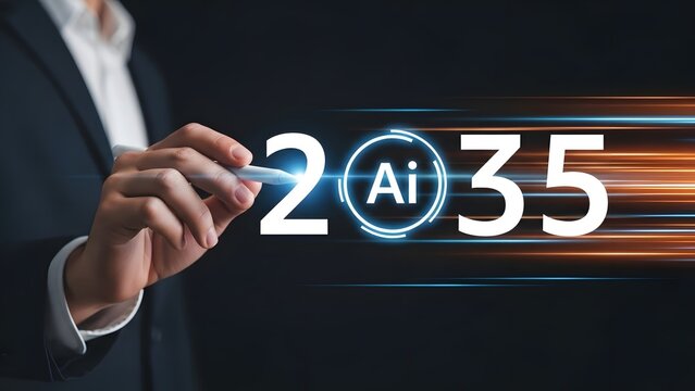 Person uses a stylus to interact with a futuristic screen showing the year 2035 and bright light streaks.