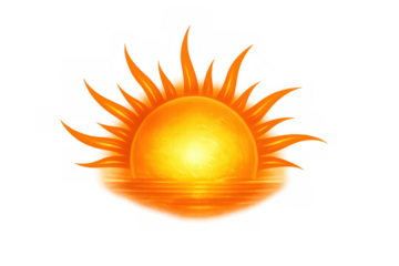 Rising sun with radiating orange yellow rays, reflecting on water, creating a vibrant dawn or sunset scene