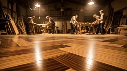 A polished wooden parquet floor with a herringbone pattern. Carpenters working in a blurred workshop. Home renovation and craftsmanship concept