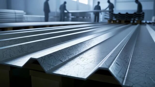 Close-up of corrugated metal sheets in a factory. Silhouettes of workers in the background of a manufacturing plant. Construction and building materials production concept
