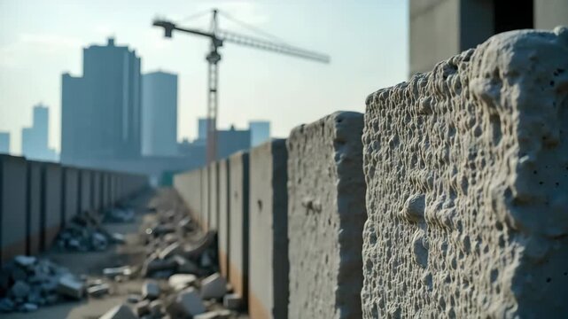 Close-up of a rough concrete block on an industrial construction site. A tower crane and city skyline are silhouetted in the background. Urban development concept