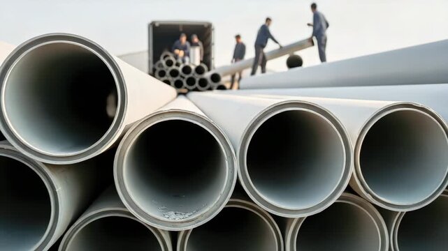 A stack of large PVC pipes at an industrial site. Construction workers unloading materials from a truck in the background. Plumbing and infrastructure development