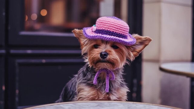 Yorkshire Terrier in Pink and Purple Knitted Hat at Cafe Entrance
