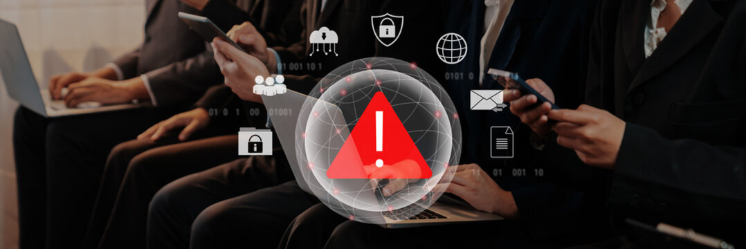 Red warning triangle representing a cybersecurity threat or data breach alert, surrounded by digital security and network protection icons, symbolizing cyber risk awareness Parse - Powered by Adobe