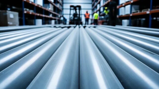 Close-up of gray plastic pipes in neat rows inside a large warehouse. Industrial storage of construction materials with workers in the background. Manufacturing and supply chain concept
