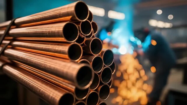 A bundle of copper pipes with a metallic reflection. A welder creates sparks on a blurred factory floor. Industrial manufacturing and construction concept