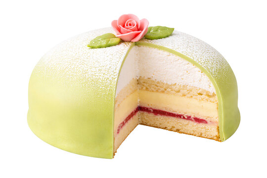swedish princess cake prinsesst&aring;rta with green marzipan dome and pink rose showing layered sponge custard whipped cream and raspberry jam isolated on transparent background