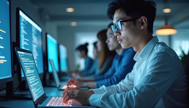 Asian software engineers collaborate in tech office, coding on computers. Team works on software development project, creating new app with artificial intelligence. Group focused on digital