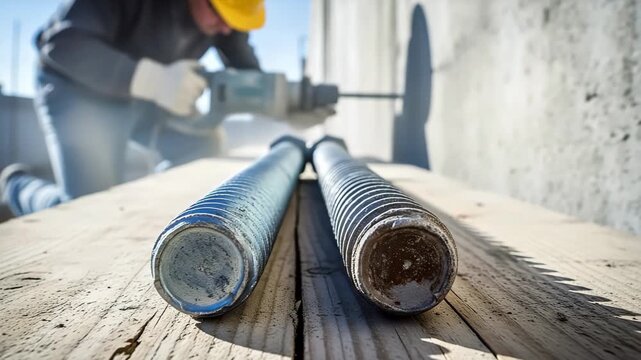 Close-up of steel anchor bolts on a construction site. A worker uses a power drill on a concrete wall in the background. Industrial building and fastening concept