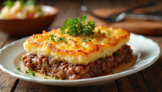 Golden brown Hachis Parmentier layered dish. Savory minced meat base topped with creamy mashed potato crust. Garnished with fresh parsley, served on white plate. Delicious comfort food.