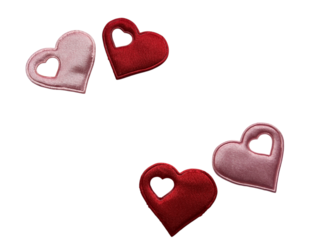 Satin heart shaped patches for Valentines Day, red and pink textile hearts with cutout on gray background, love and wedding decor