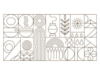 Obraz premium A modern abstract art piece featuring various geometric shapes and line designs on a white background