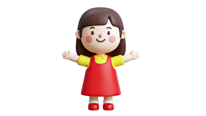 3D Cartoon Girl in Red Dress with Arms Outstretched