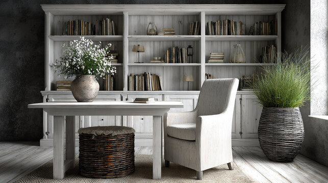 Modern Home Office Setup with Bookshelf, Desk, and Greenery