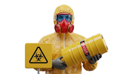 Hazmat worker with biohazard barrel and warning sign