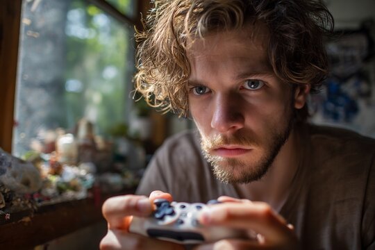 Man intensely focused video game controller gaming disorder concept messy room background psychological escape compulsive behavior natural window light documentary style photo