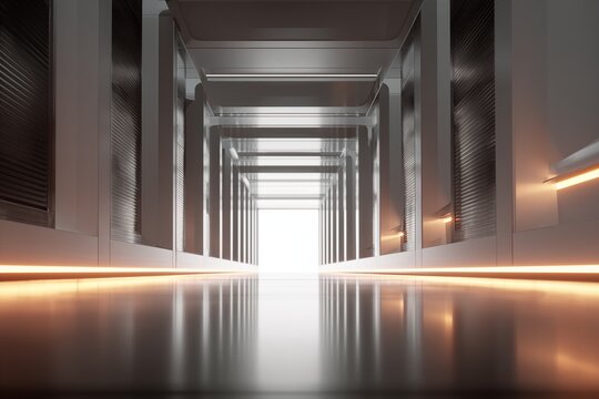 Modern data-center with blade server showing unit partially pulled out for maintenance and inspection