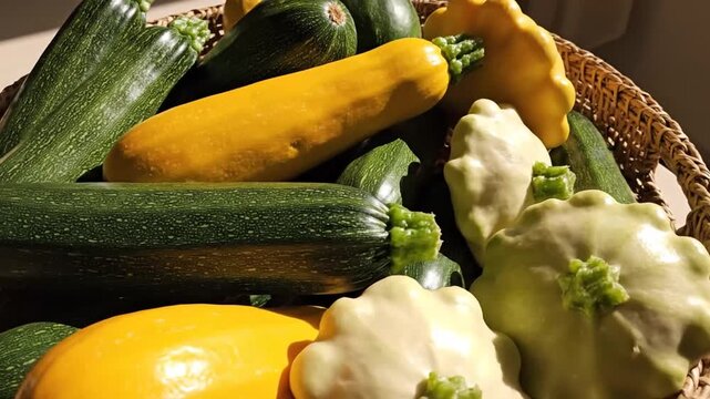 Fresh Harvest Zucchini And Pattypan Squash Still Life In Woven Basket Display